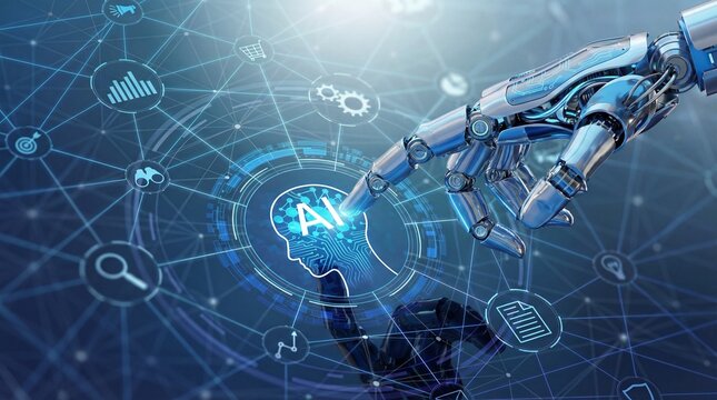 Robotic hand touching virtual AI brain interface for futuristic technology connection concept - Powered by Adobe