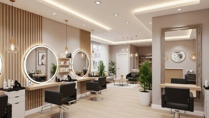 Modern hair salon interior with stylish black chairs and illuminated mirrors