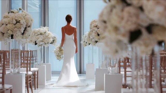 A graceful bride in a sleek gown makes her way through a beautifully decorated wedding ceremony space, surrounded by lavish white flowers. The scene exudes contemporary elegance and timeless love