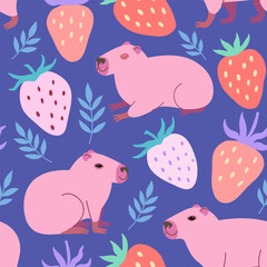 Seamless pattern with cute pink capybara, and strawberry berries. Vector hand-drawn doodle illustration.
