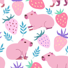 Seamless pattern with cute pink capybara, and strawberry berries. Vector hand-drawn doodle illustration.
