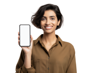 Smiling and happy Indian Asian woman holding blank smartphone mock up, isolated on white or transparent background