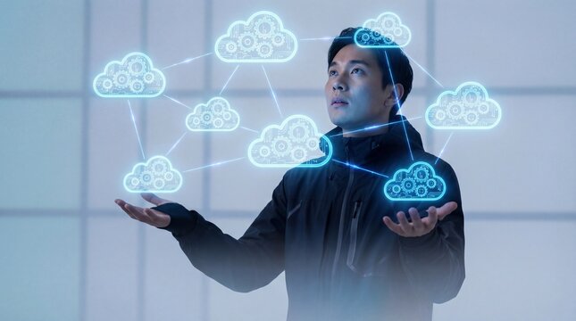 Young Asian professional man interacting with futuristic digital cloud computing and network technology icons isolated on transparent background - Powered by Adobe
