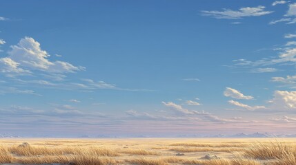 Fototapeta premium Serene Expansive Landscape with Open Sky and Soft Clouds Over Golden Grassy Plain Under Blue Horizon at Dusk