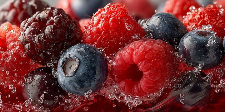 Fresh raspberries, blueberries and blackberries splashing in sparkling water, ultra-detailed macro scene perfect for juice, soda and wellness ads