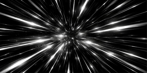 An abstract 3d illustration of a bright blue light explosion bursting across a dark night sky background with glowing stars, motion speed, and laser energy in a black galaxy design wallpaper © Md