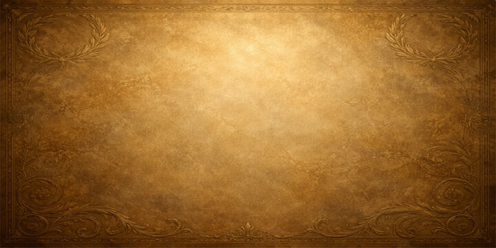 Vintage aged parchment background featuring a grungy brown paper texture and an antique gold pattern on a worn retro backdrop