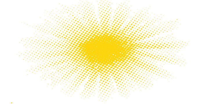Bright orange and yellow abstract sun vector illustration featuring a shiny circular pattern with hot summer rays and halftone textures for a decorative light element backdrop