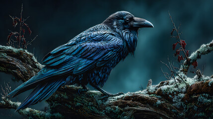 Obraz premium Moody and Atmospheric Detailed Raven Perched on Branch in Dark Setting