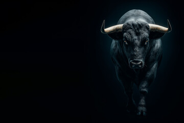 Black bull with large curved horns, set against a dark background, creating a dramatic and powerful visual. Copy space, aspect ratio 3:2