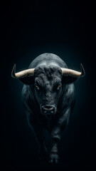 Black bull with large curved horns, set against a dark background, creating a dramatic and powerful visual. Copy space, aspect ratio 9:16