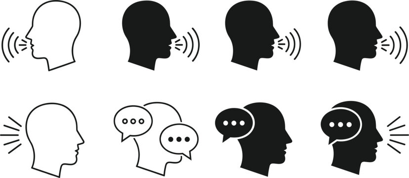 Communication icon set with human head silhouettes speaking and thinking with speech bubbles for language learning, social interaction, and mental health concepts.