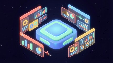 Abstract 3D data visualization with glowing interface elements and charts