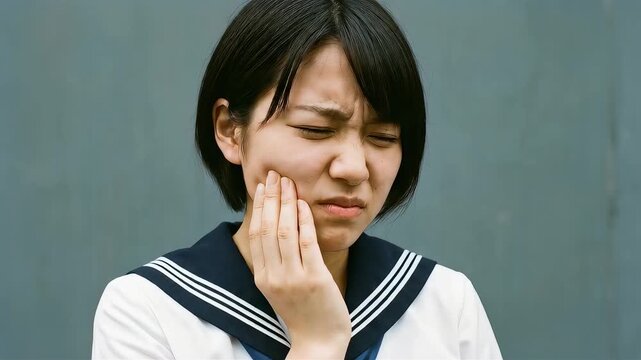 虫歯や知覚過敏の苦痛に耐える、ショートヘアの女子高生のクローズアップ