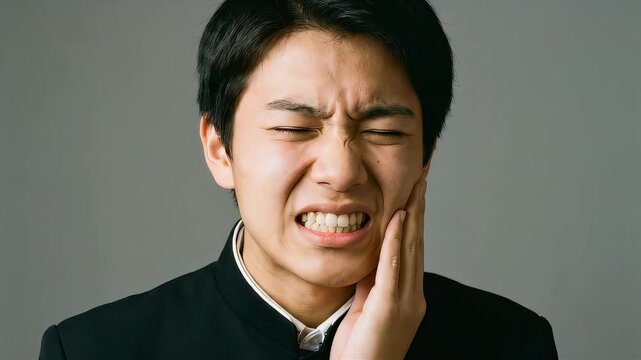 耐えがたい歯の痛みに襲われ、頬を押さえて苦悶の表情を浮かべる男子学生