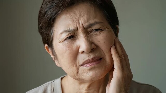 歯科治療やヘルスケア。歯の痛みと不快感を訴える中高年女性のポートレート