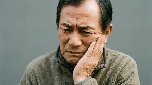 激しい歯痛や顎の違和感に顔を歪めるシニア男性のクローズアップ