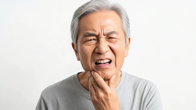 激しい歯痛に悶えるシニア男性が、顎を気にしている