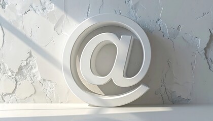 A close-up view of a large, white "at" symbol leaning against a textured, light-colored wall with sunlight illuminating the scene
