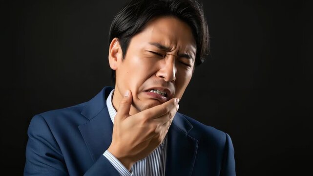ビジネスマンを襲う深刻な口腔トラブル。虫歯や知覚過敏で顔をゆがめる男性