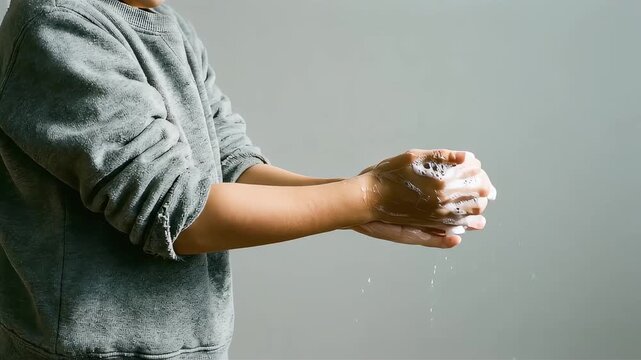 石鹸の泡で丁寧に手を洗う子供の手元のアップ