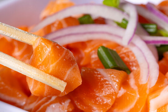 Close-up of salmon poke