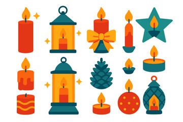 Festive Candle Icon Set. Festive candlelight accents vector set in modern flat style : holiday candle, sparkling lantern, ribboned candleholder, decorative star