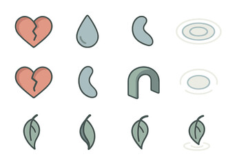 Emotive Iconography. Sad Reflections set in isometric flat vector : heart with fissure, soft tear trail, lonely curve shape, muted ripple, fading connection arc, drooping leaf outline -