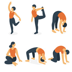 Isometric Flexibility Icons. Flexibility set in isometric flat vector : Dancing Figure, Stretching Leg, Forward Fold, Twist Pose, Bridge Pose, Flexed Spine. 2 rowas of 3 icons