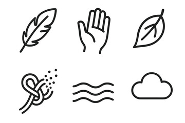 Symbols of Letting Go. Emotional Release set in outline vector style : floating feather, open hand, drifting leaf, dissolving knot, gentle wave, passing cloud