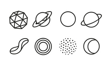 Abstract Cosmic Icons. Abstract Planetary Worlds set in outline vector style: geometric planet, prismatic ring, gradient sphere, orbit path, cosmic ribbon, layered glow, dot cluster, astral curve