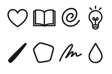 Expressive Icon Set. Personal Expression set in outline vector style: heart intention, open journal, expressive swirl, idea spark, bold line stroke, unique shape, signature mark, feeling droplet