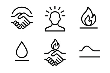Symbolic Unity Art. Committed Intention set in outline vector style : clasped hands, aligned arc, warm halo, shared flame, subtle droplet, steadfast line