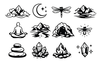 Mystic Mountain Icons. Mystic Mountainsset in outline vector style moon, mist, dragonfly, stars, crescent, foggy peak, meditating figure, path, cave, firefly, stone, crystal