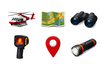 Rescue Operation Tools. Rescue operation tools: rescue helicopter, search grid map, binoculars, thermal scanner, location marker, emergency flashlight