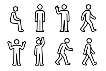 Human Motion Icons. Everyday Human Motion set in outline vector style: sitting posture, standing figure, hand wave, step forward, lifting gesture, light reach, leaning form, calm walk