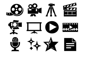 Brutalist Icon Set. Video Production icon set in silhouette bold style. Contain film reel, camera, tripod, clapperboard, light, screen, play icon, timeline, microphone, sparkle, star, document