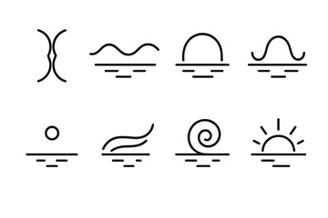 Reflective Outline Icons. Reflective Lines set in outline vector style : mirrored curve, calm wave, gentle arc, soft pulse, thoughtful dot, flowing mark, quiet swirl, subtle glow