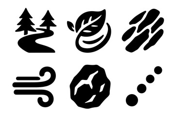 Trail Icon Set. Outdoor Roll Trail Drift icon set in silhouette bold style. Contain winding forest path, leaf swirl, dirt trail mark, soft breeze arc, rugged stone, motion dot