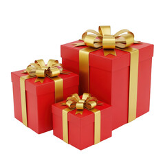Obraz premium Stack of red gift boxes with golden bows isolated on transparent background