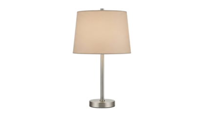 Modern table lamp with a fabric shade and a metal base located in a home setting during the day
