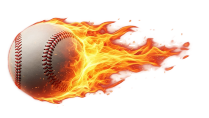 Baseball with flames traveling fast through the air during a game on a summer day