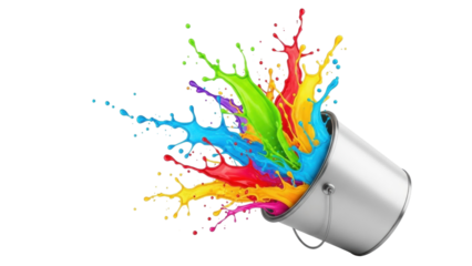 Colorful splashes of paint burst from a metal bucket with vibrant energy in a creative scene