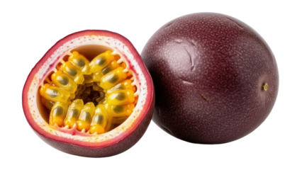 Fresh passion fruit cut in half revealing bright yellow pulp and seeds on a white background