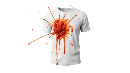 Funny design of a white t-shirt with a bright red splash stain on the front showing a playful style and humor in casual wear