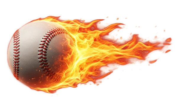 Baseball with flames traveling fast through the air during a game on a summer day