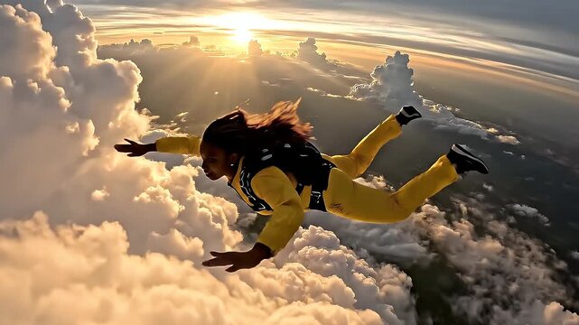 Extreme Skydiver in Freefall Over Dramatic Clouds at Sunrise