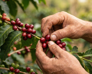 Experienced hands carefully pick ripe red coffee cherries from lush green branches. A close up of manual harvest on a vibrant plantation, showing fresh organic beans.