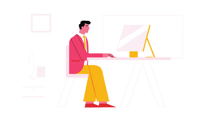Man sitting at desk working on computer with vibrant attire in minimalist office setting with modern decor