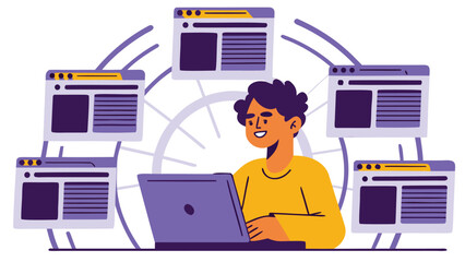 Smiling person working on laptop surrounded by floating web pages in a modern minimalist design with purple and yellow accents